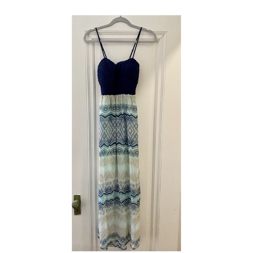 Teal and navy blue patterned maxi dress
